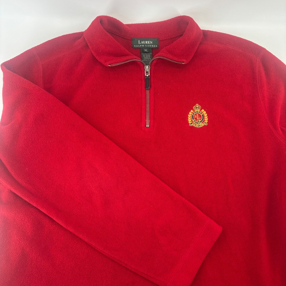 Lauren Ralph Lauren Fleece Pullover Women XL Red Quarter Zip Crest Preppy RL